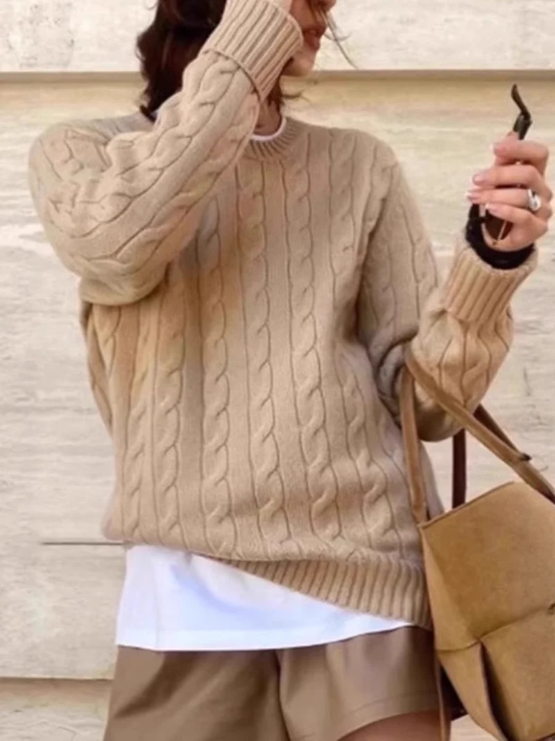 Damen Kastiger Kabelstrick‑Pullover mit Rundhals, extraweichem Wollmix und gerippten Bündchen Nord Taschen