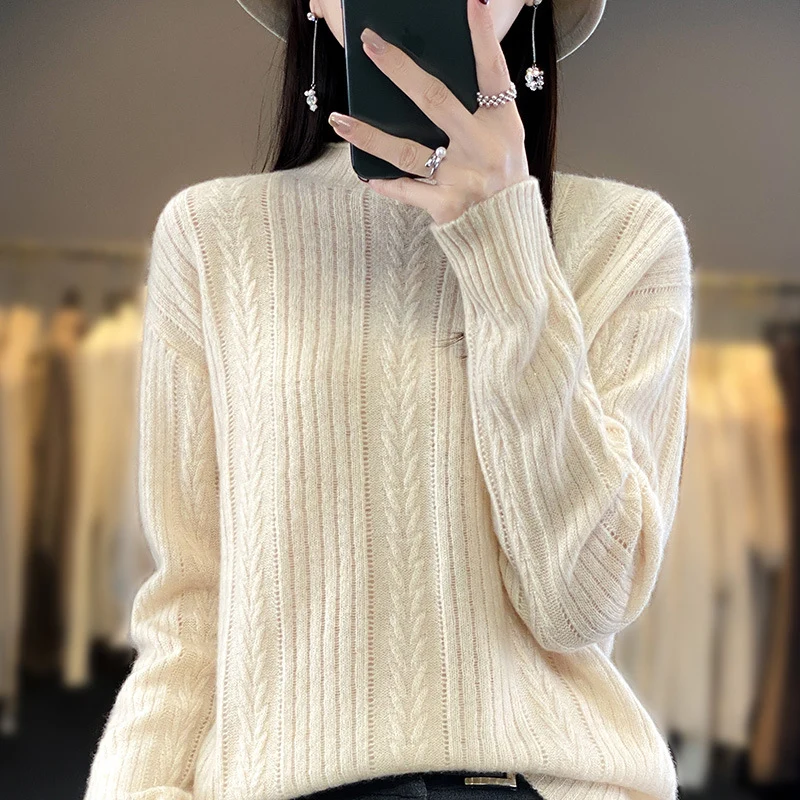 Damen Kaschmirähnlicher Feinstrick-Mockneckpullover mit Ajour‑Zopfmuster und lässiger Oversize‑Passform Nord Taschen