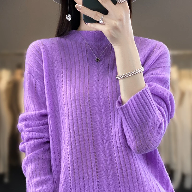 Damen Kaschmirähnlicher Feinstrick-Mockneckpullover mit Ajour‑Zopfmuster und lässiger Oversize‑Passform Nord Taschen