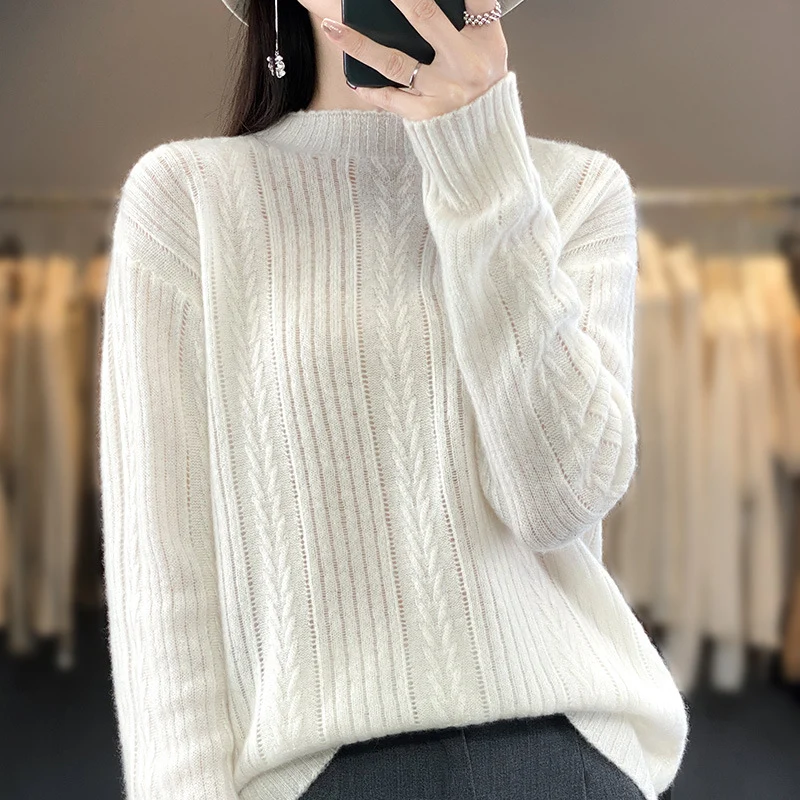 Damen Kaschmirähnlicher Feinstrick-Mockneckpullover mit Ajour‑Zopfmuster und lässiger Oversize‑Passform Nord Taschen