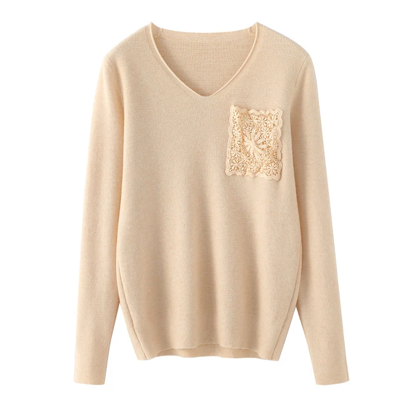 Damen Kaschmir‑Optik V‑Ausschnittpullover mit floraler Häkelapplikation Nord Taschen