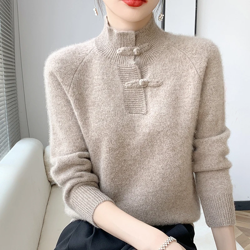 Damen Kaschmir‑Optik Mockneckpullover mit dekorativer KnNord Taschenelknopfblende Nord Taschen