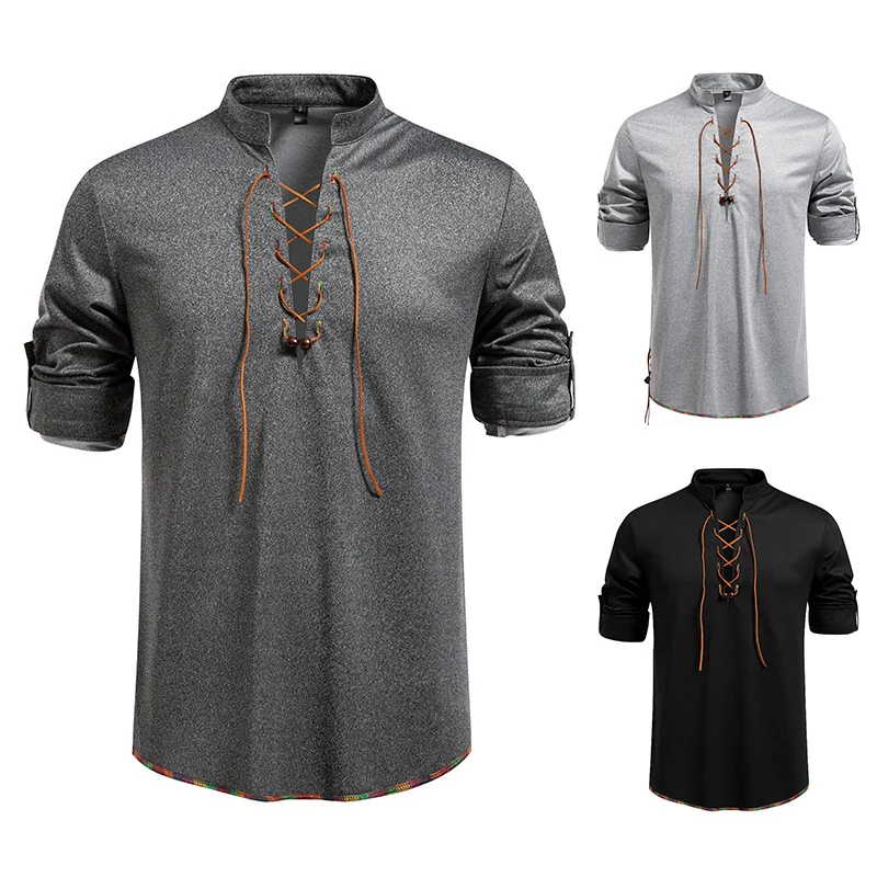 Herren Lässiges Baumwoll-Langarmshirt mit Schnürung, Stehkragen und aufkrempelbaren Ärmeln Nord Taschen