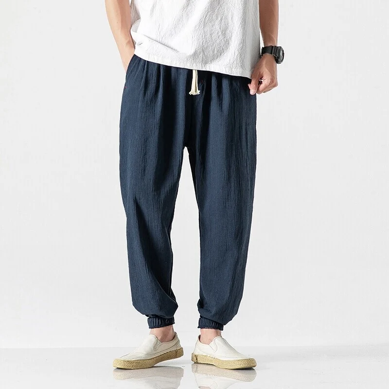 Herren Lässige Leinenmix-Jogginghose mit Tunnelzug, geripptem Strukturstoff und elastischen Bündchen Nord Taschen