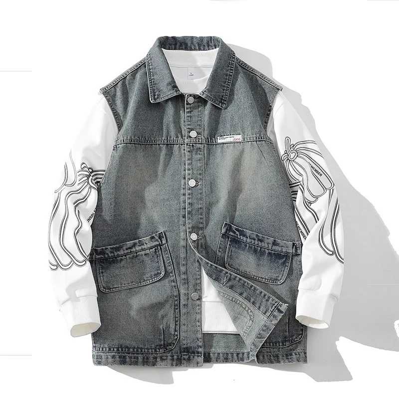 Herren Lässige Denim-Weste mit integriertem Sweatshirt-Ärmel und großen Pattentaschen Nord Taschen