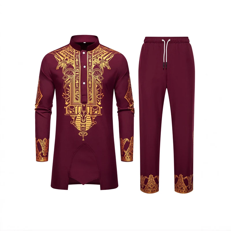 Herren Langes Tunika-Set mit Stehkragen, ägyptischer Goldprint und elastischer Joggerhose Nord Taschen