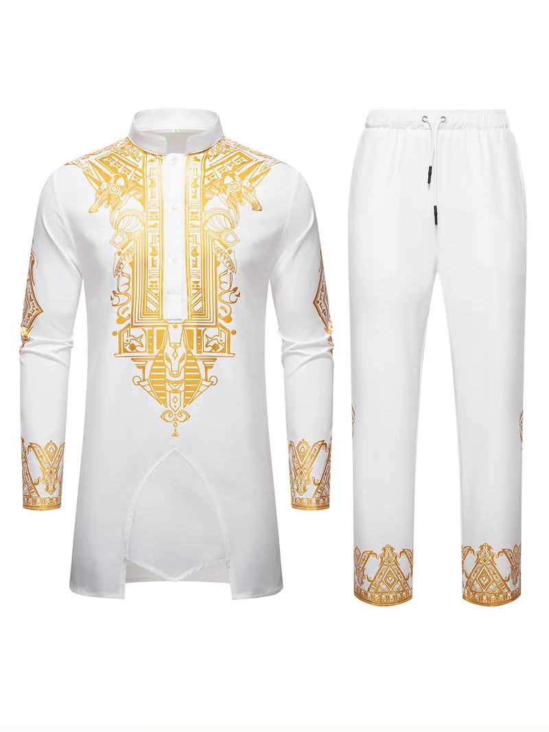 Herren Langes Tunika-Set mit Stehkragen, ägyptischer Goldprint und elastischer Joggerhose Nord Taschen