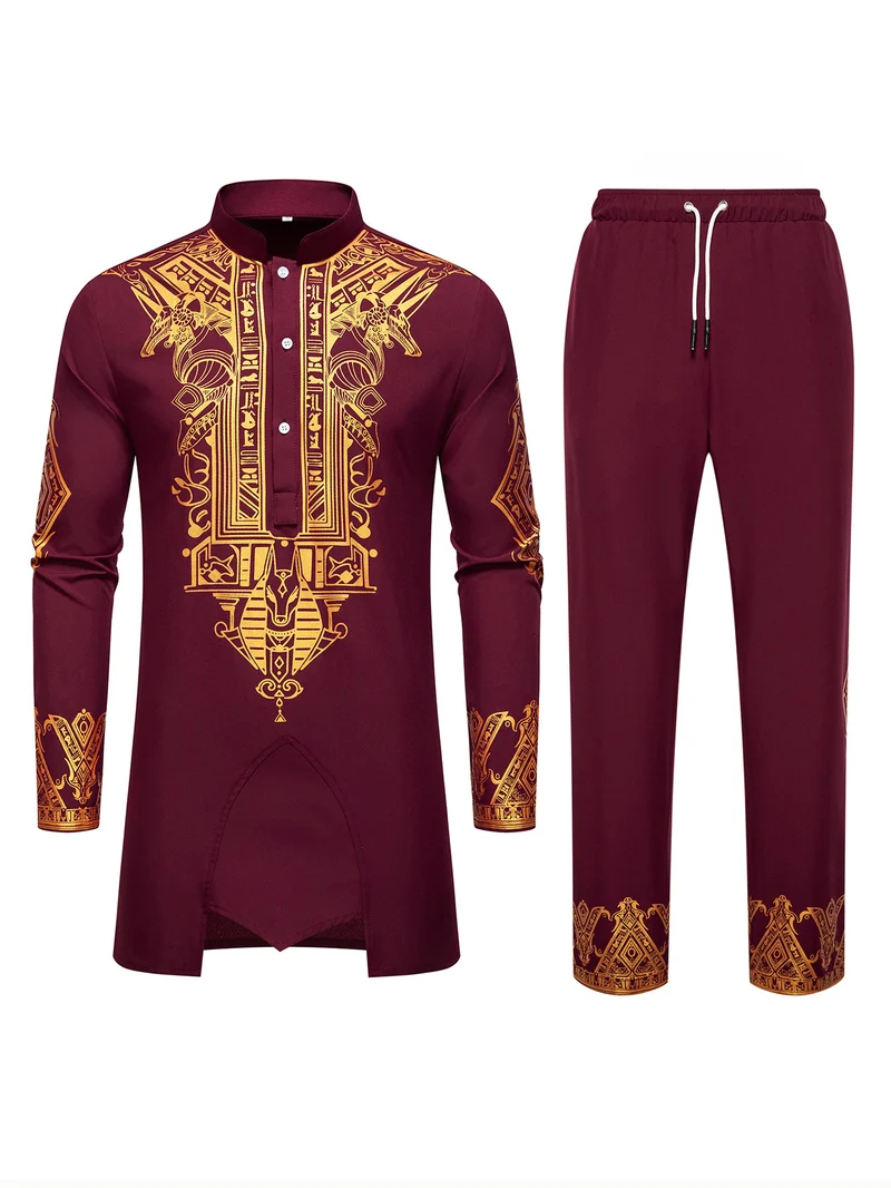 Herren Langes Tunika-Set mit Stehkragen, ägyptischer Goldprint und elastischer Joggerhose Nord Taschen
