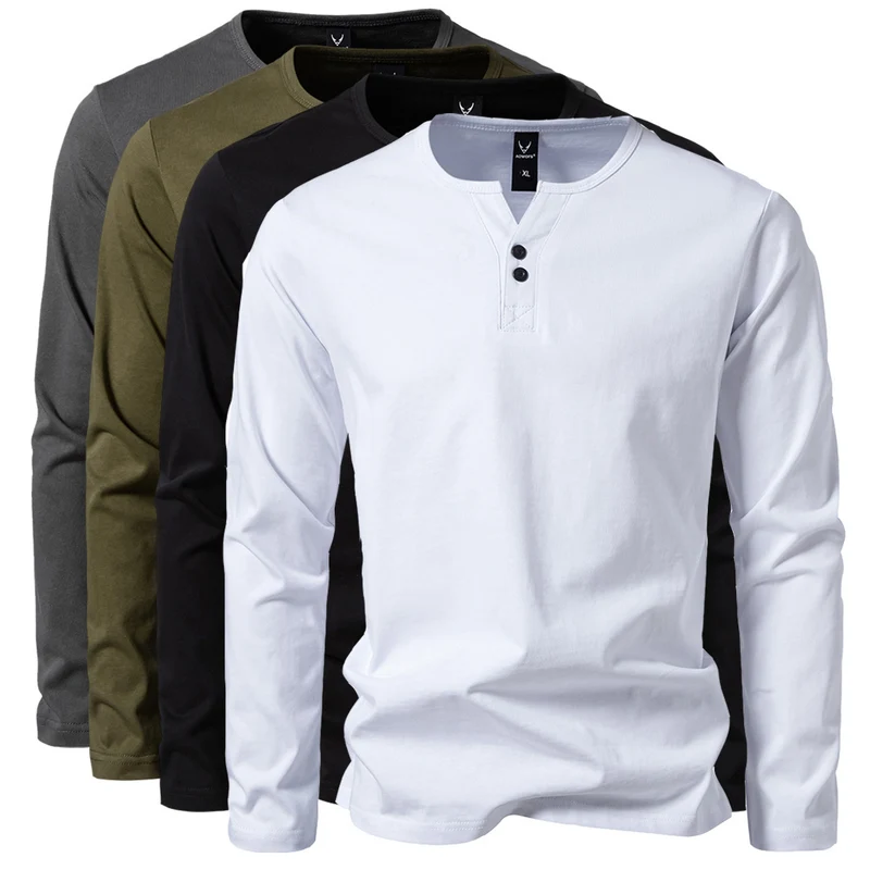 Herren Langes Baumwoll-Henleyshirt mit verdeckter Knopfleiste und körpernaher Passform Nord Taschen