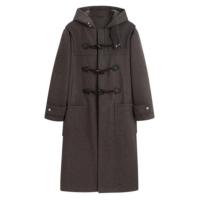 Herren Langer Wollmix Dufflecoat mit Kapuze, Knebelverschlüssen und aufgesetzten Taschen Nord Taschen