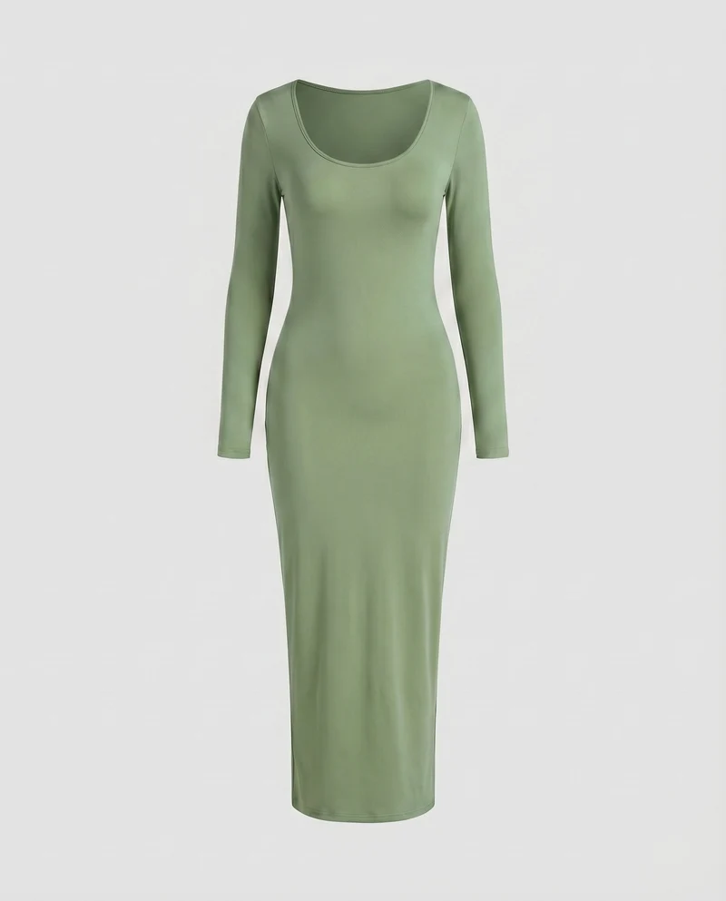Damen Stretch-Jersey-Kleid Rundhalsausschnitt Langarm Knöchellang