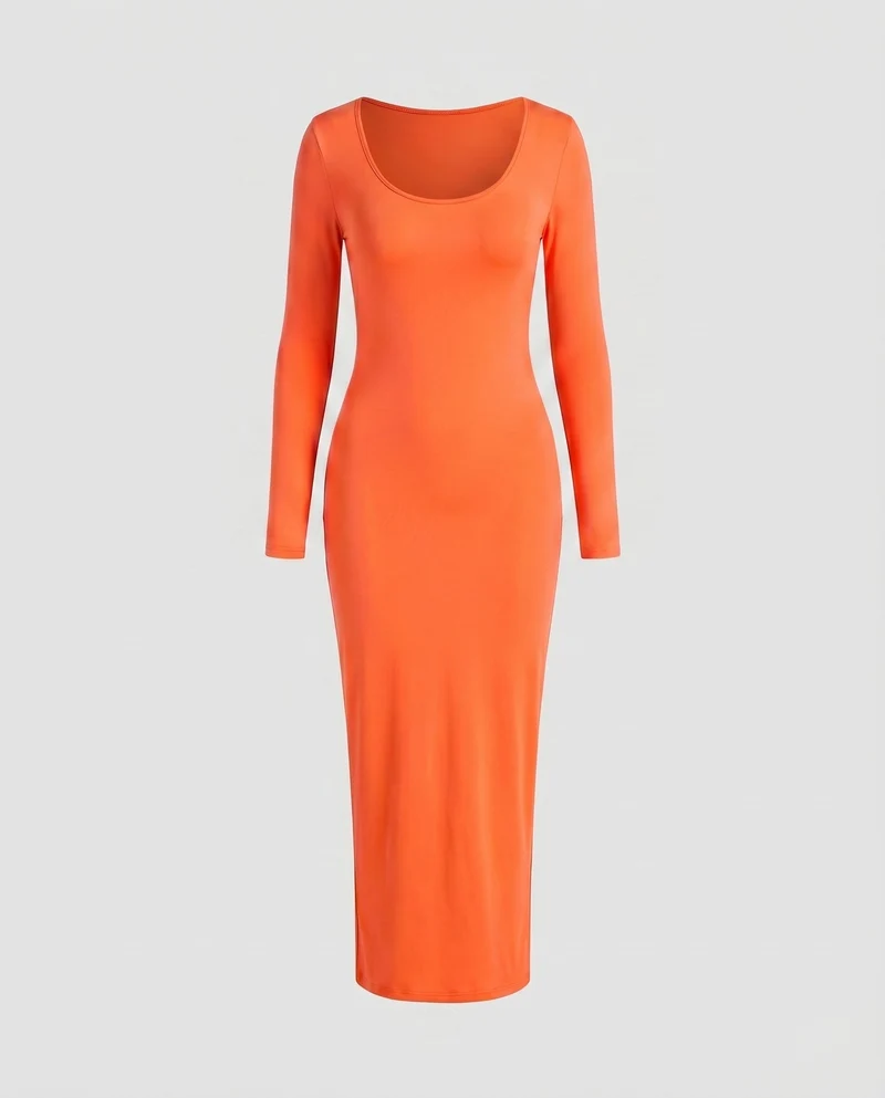 Damen Stretch-Jersey-Kleid Rundhalsausschnitt Langarm Knöchellang