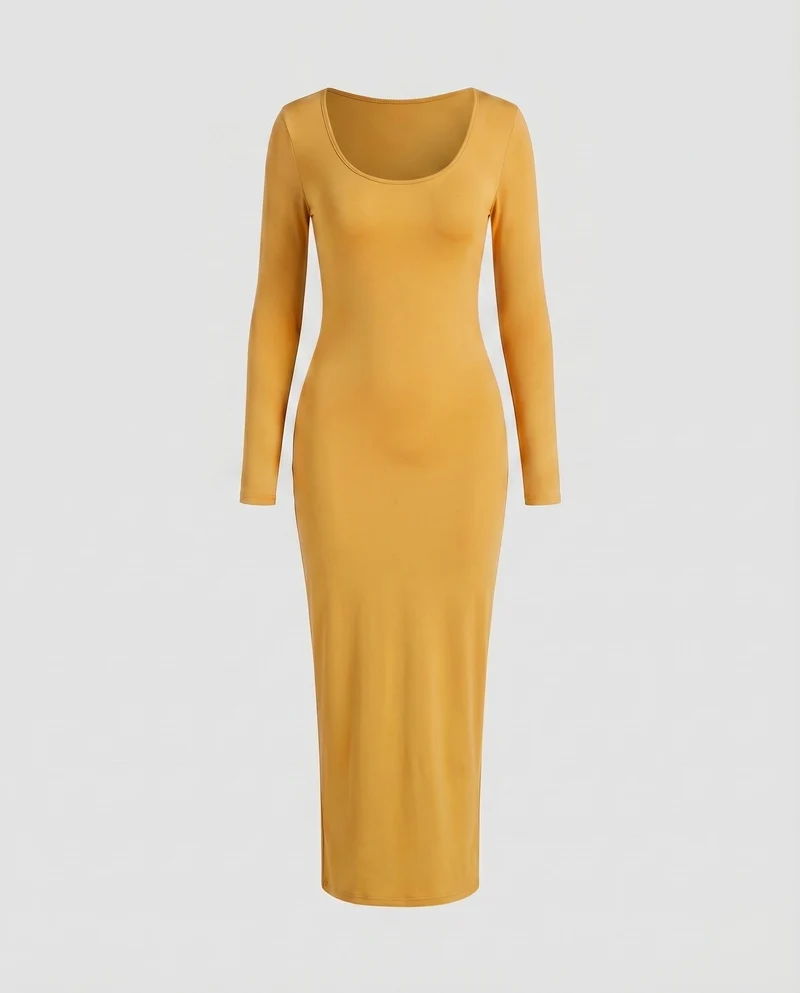 Damen Stretch-Jersey-Kleid Rundhalsausschnitt Langarm Knöchellang
