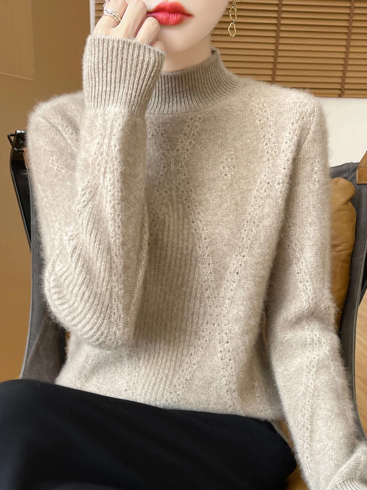 Damen Leichter Mockneck-Feinstrickpullover mit Ajour-Chevron und kaschmirweichem Finish Nord Taschen