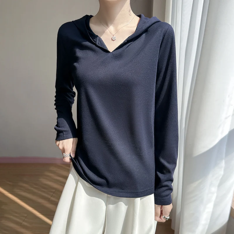 Damen Leichter Kapuzenpullover mit V‑Ausschnitt und feinem Jersey Nord Taschen
