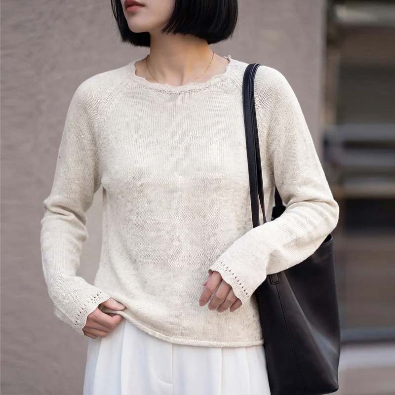 Damen leichter Feinstrickpullover mit dezenter Glitzeroptik und Raglanärmeln Nord Taschen