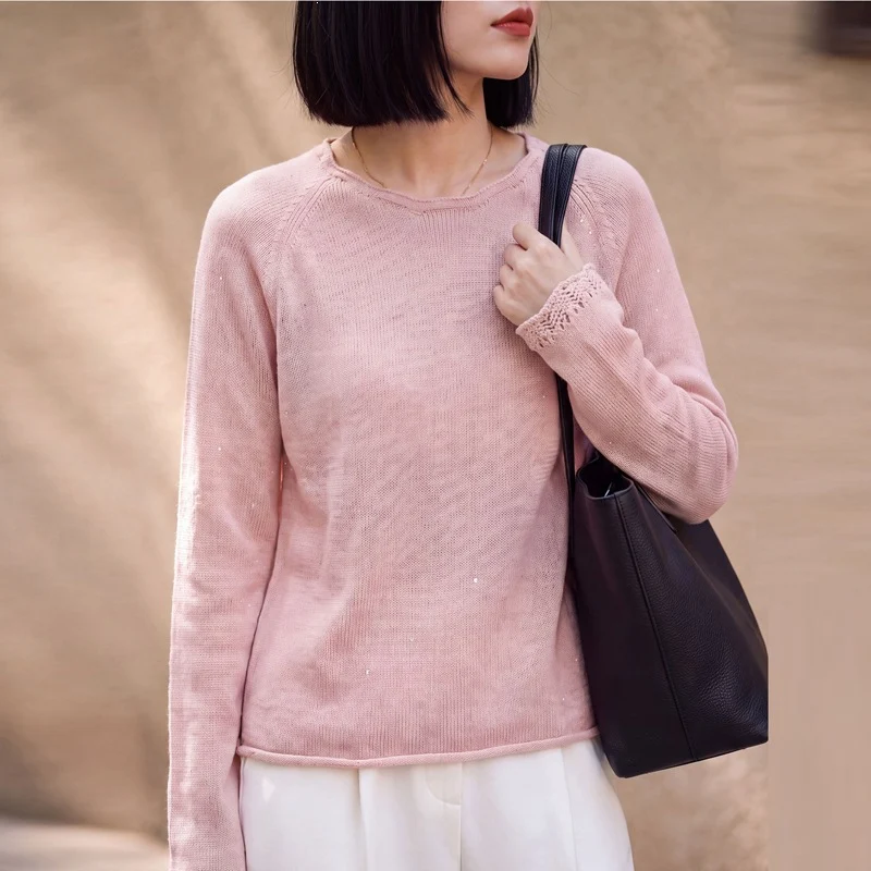 Damen leichter Feinstrickpullover mit dezenter Glitzeroptik und Raglanärmeln Nord Taschen