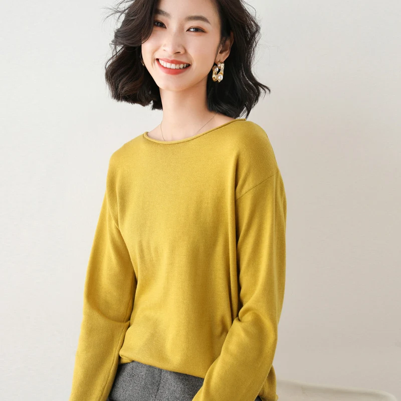Damen Leichter Feinstrick-Pullover mit weitem Rundhalsausschnitt und legerem Schnitt Nord Taschen
