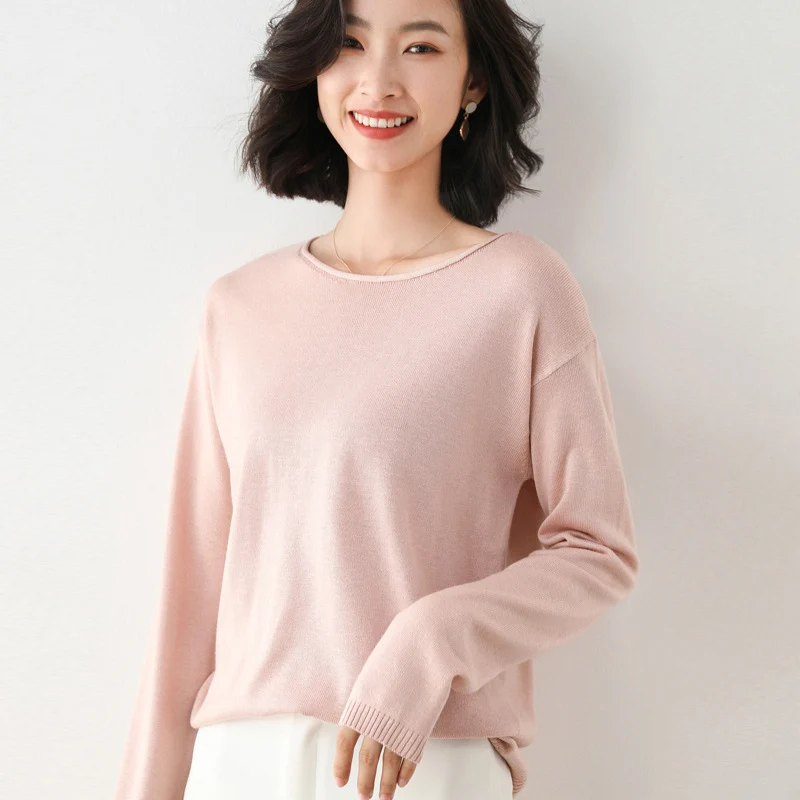 Damen Leichter Feinstrick-Pullover mit weitem Rundhalsausschnitt und legerem Schnitt Nord Taschen