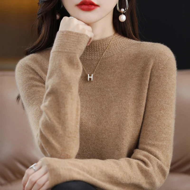 Damen Leichter Feinstrick-Mockneckpullover mit strukturierter Kragenblende Nord Taschen