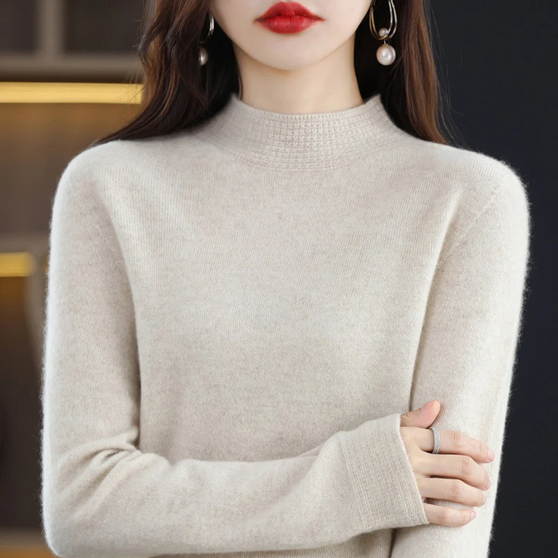 Damen Leichter Feinstrick-Mockneckpullover mit strukturierter Kragenblende Nord Taschen