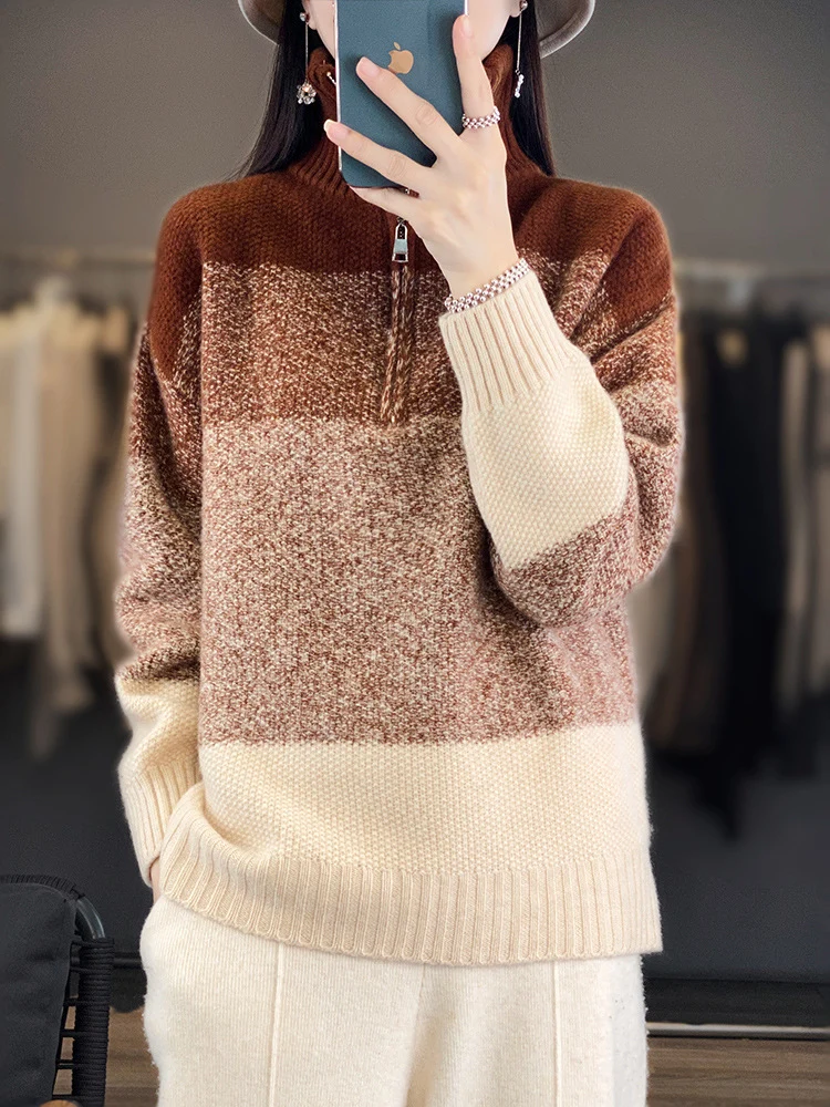 Damen Oversize-Strickpullover mit halbem Zip, meliertem Blockstreifen und weichem Flor Nord Taschen