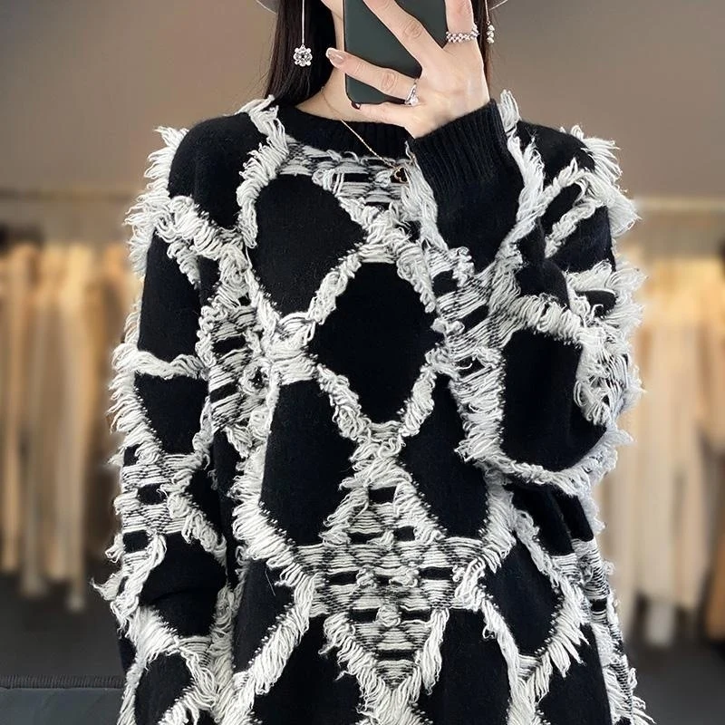 Damen Oversize-Strickpullover mit Fransen‑Diamantmuster und weicher Mohair‑Optik Nord Taschen