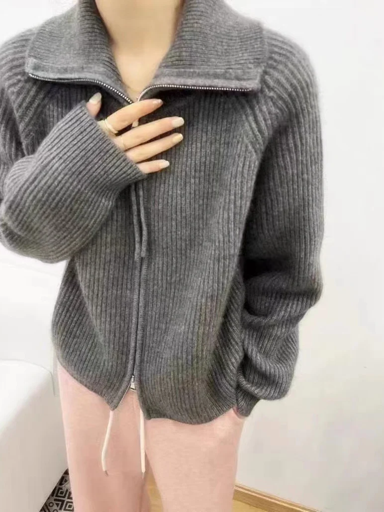 Damen Oversize-Strickjacke mit Reißverschluss, Stehkragen und gerippter Struktur Nord Taschen