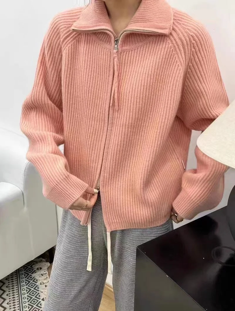 Damen Oversize-Strickjacke mit Reißverschluss, Stehkragen und gerippter Struktur Nord Taschen