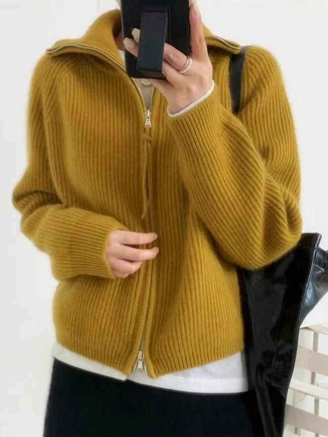 Damen Oversize-Strickjacke mit Reißverschluss, Stehkragen und gerippter Struktur Nord Taschen