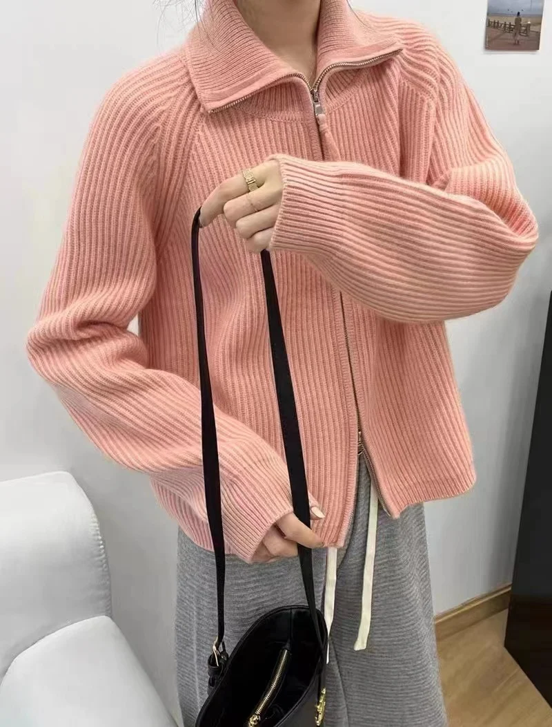 Damen Oversize-Strickjacke mit Reißverschluss, Stehkragen und gerippter Struktur Nord Taschen