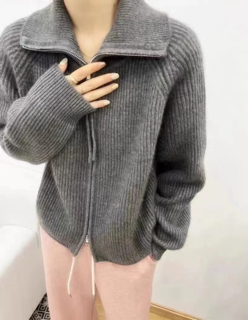 Damen Oversize-Strickjacke mit Reißverschluss, Stehkragen und gerippter Struktur Nord Taschen