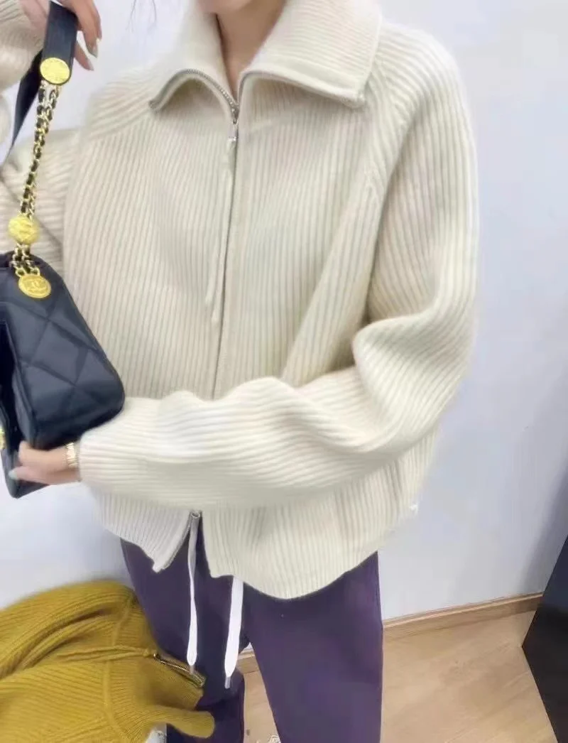 Damen Oversize-Strickjacke mit Reißverschluss, Stehkragen und gerippter Struktur Nord Taschen
