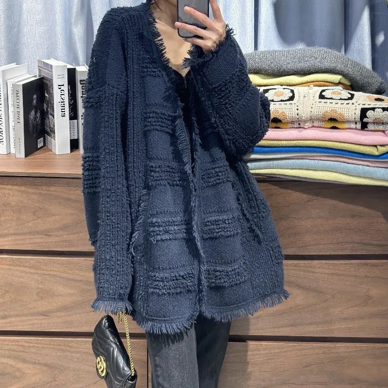 Damen Oversize Strickcardigan mit strukturierter Karomuster‑Optik, Fransen und Eingrifftaschen Nord Taschen
