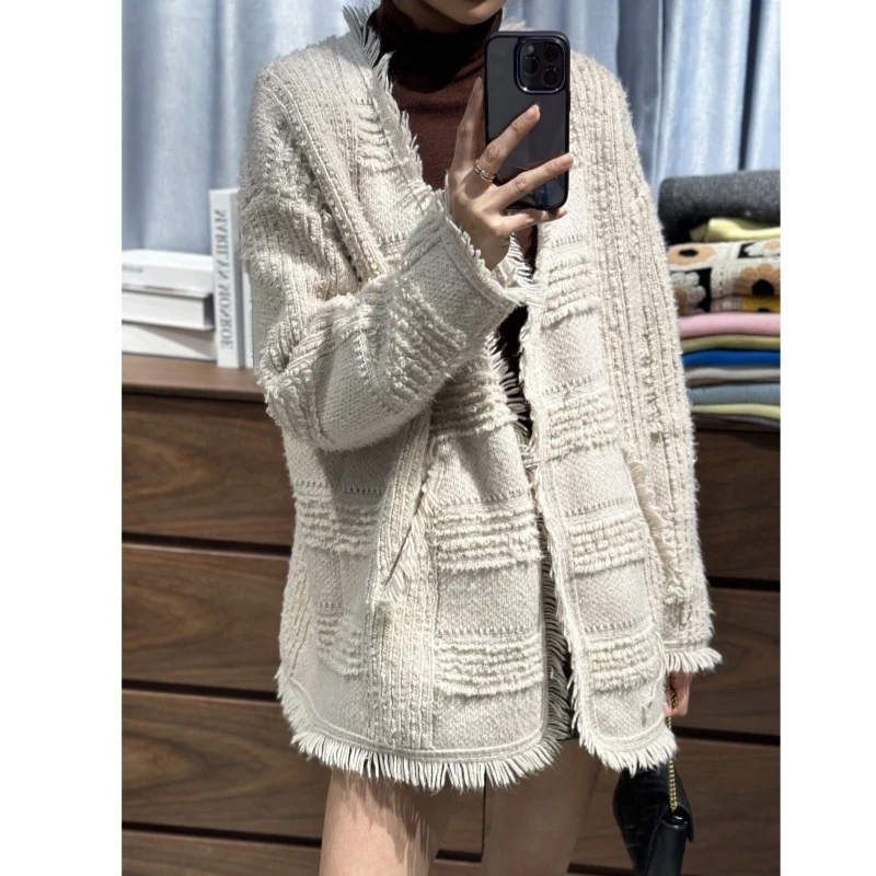 Damen Oversize Strickcardigan mit strukturierter Karomuster‑Optik, Fransen und Eingrifftaschen Nord Taschen