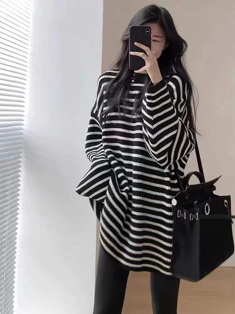 Damen Oversize Strick-Longpullover mit horizontaler Streifenstruktur Nord Taschen