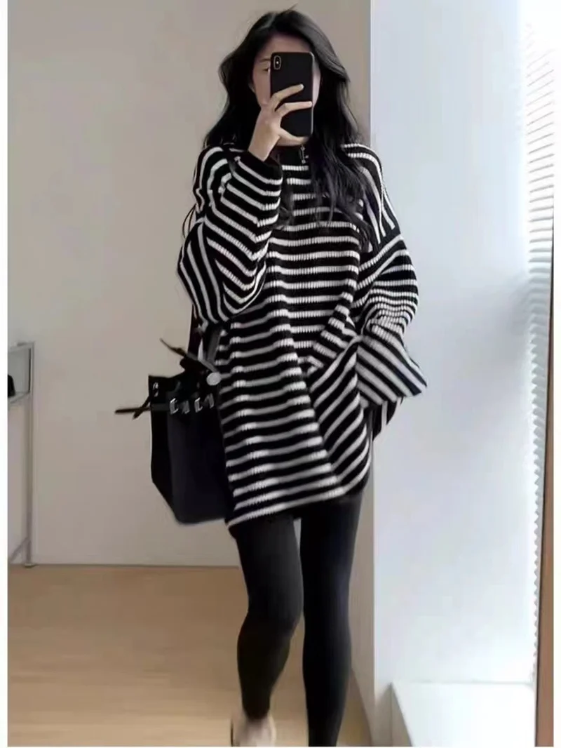 Damen Oversize Strick-Longpullover mit horizontaler Streifenstruktur Nord Taschen