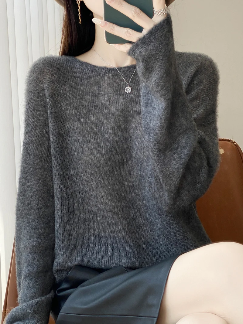 Damen Ultraleichter Mohair‑Look Oversize-Pullover mit U-Boot-Ausschnitt und überschnittener Schulter Nord Taschen