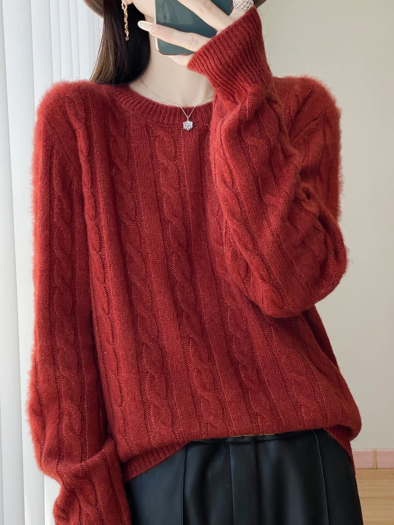 Damen Übergrößen Zopfmuster-Pullover im Mohair-Look mit geripptem Saum Nord Taschen