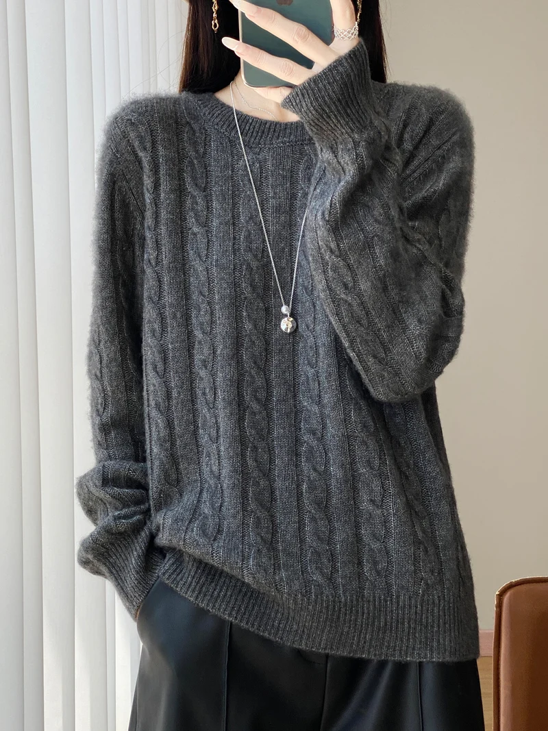 Damen Übergrößen Zopfmuster-Pullover im Mohair-Look mit geripptem Saum Nord Taschen