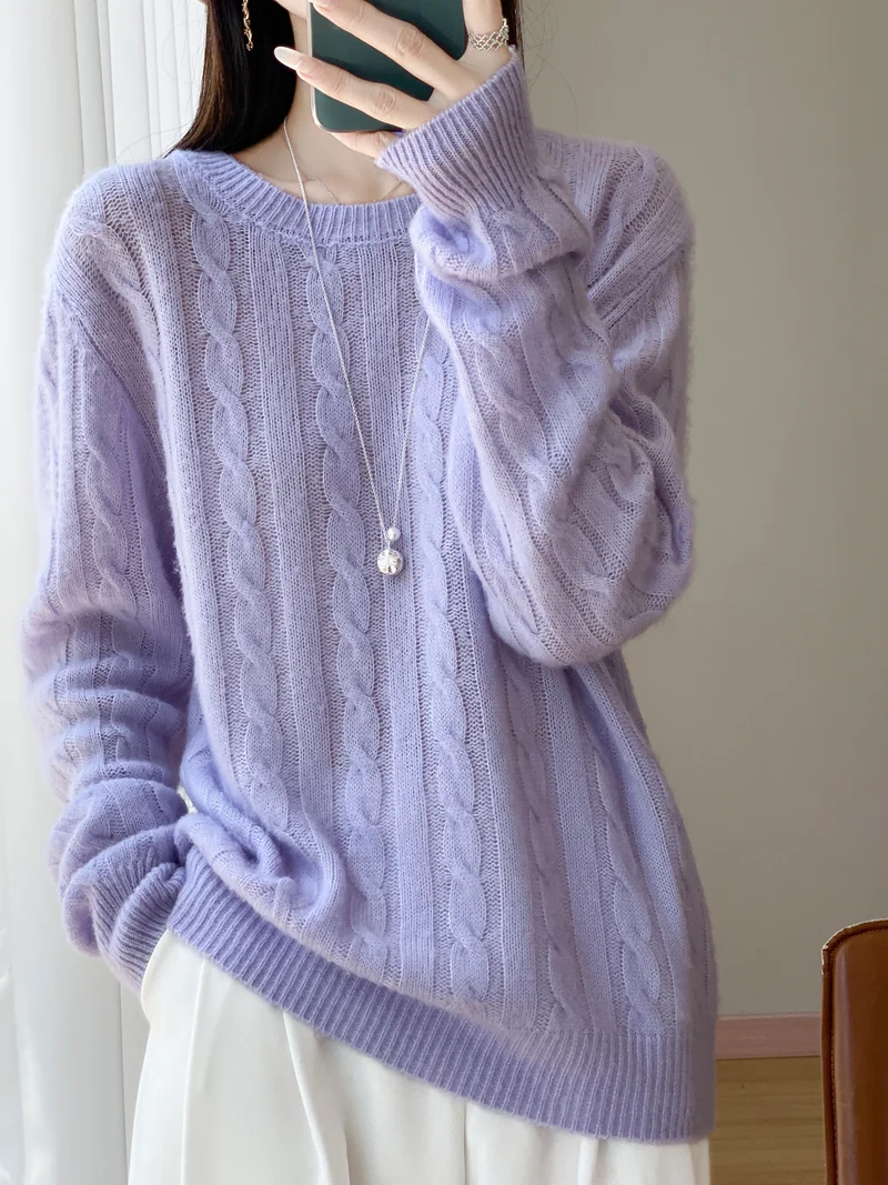 Damen Übergrößen Zopfmuster-Pullover im Mohair-Look mit geripptem Saum Nord Taschen