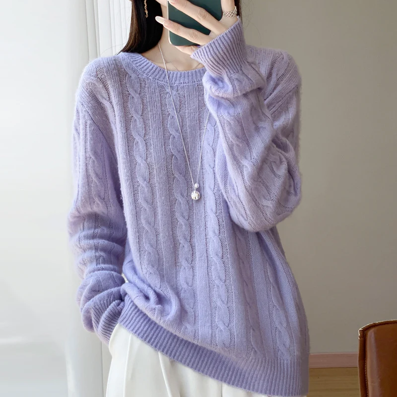 Damen Übergrößen Zopfmuster-Pullover im Mohair-Look mit geripptem Saum Nord Taschen