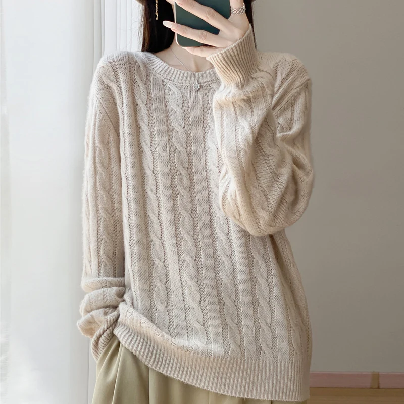 Damen Übergrößen Zopfmuster-Pullover im Mohair-Look mit geripptem Saum Nord Taschen