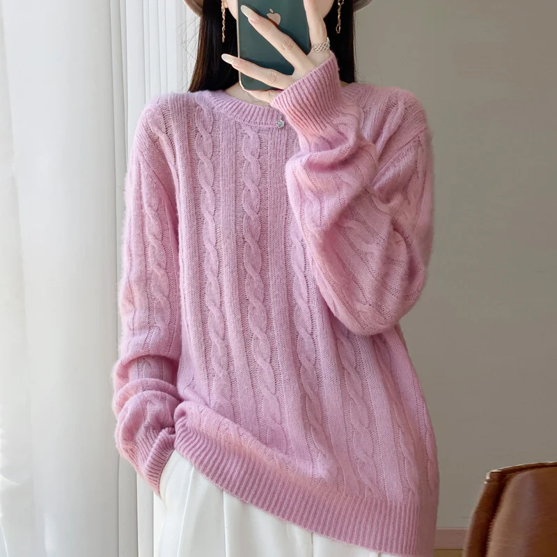 Damen Übergrößen Zopfmuster-Pullover im Mohair-Look mit geripptem Saum Nord Taschen