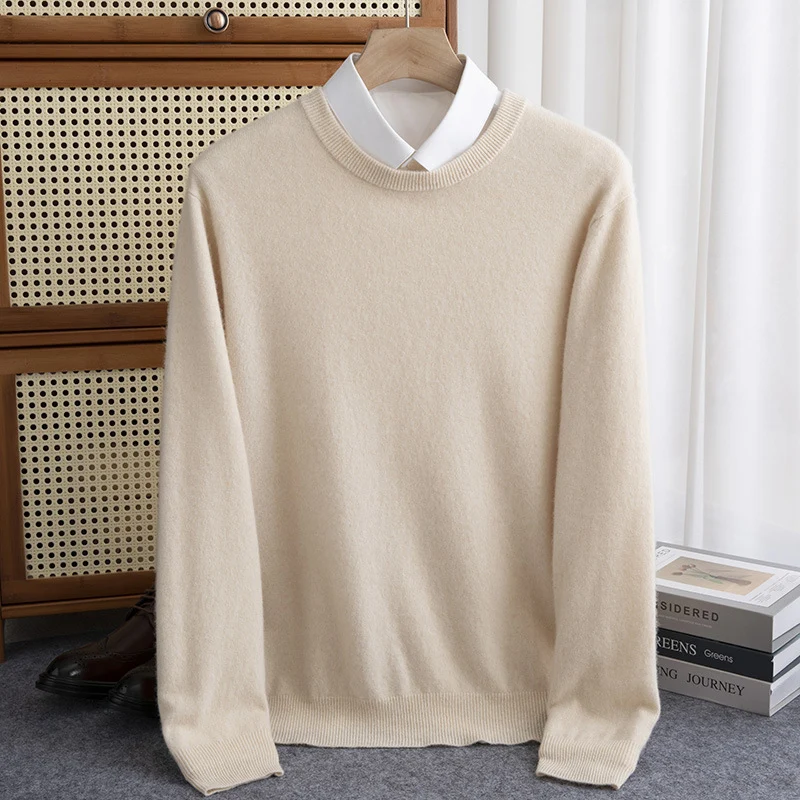 Herren Schlichter Rundhals-Feinstrickpullover kaschmirähnliche Haptik mit gerippten Abschlüssen Nord Taschen