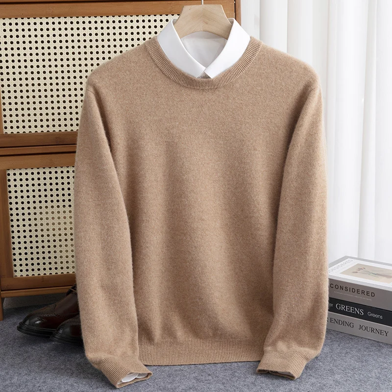 Herren Schlichter Rundhals-Feinstrickpullover kaschmirähnliche Haptik mit gerippten Abschlüssen Nord Taschen