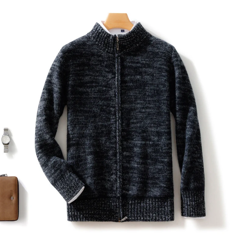 Herren Lässiger Zip‑Mockneckpullover aus Wollmix mit angerauter Mohair‑Optik und Stehkragen Nord Taschen