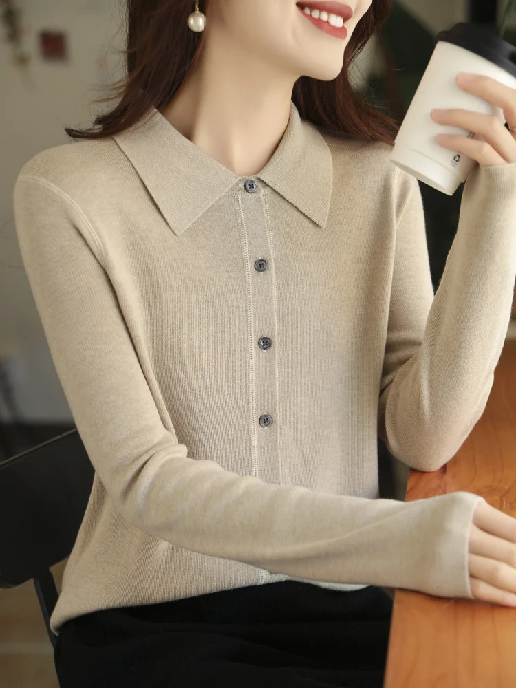 Damen Leichter Feinstrick-Cardigan mit Polokragen und durchgehender Knopfleiste Nord Taschen