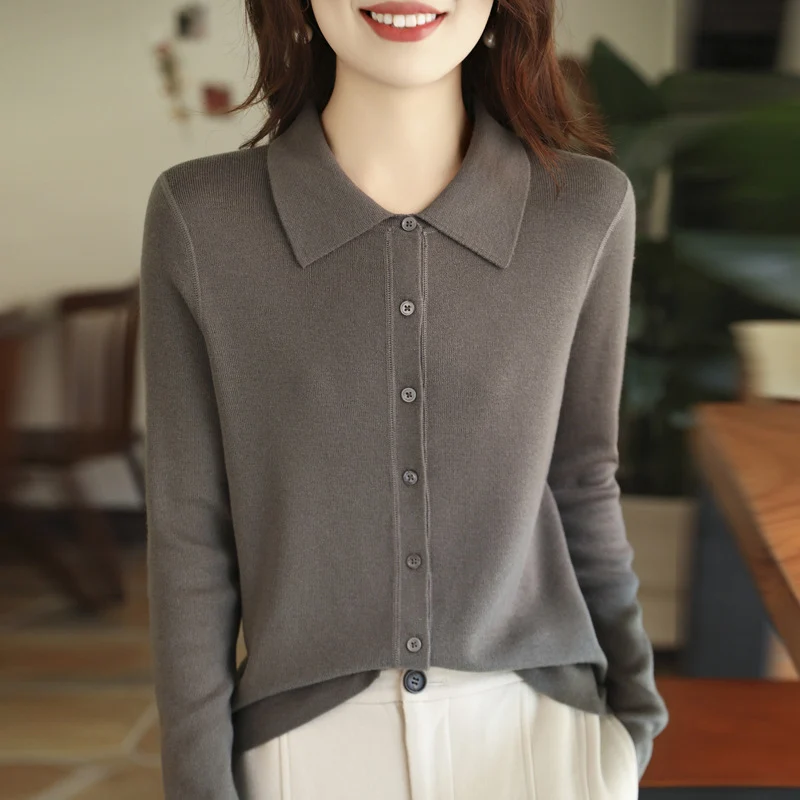 Damen Leichter Feinstrick-Cardigan mit Polokragen und durchgehender Knopfleiste Nord Taschen