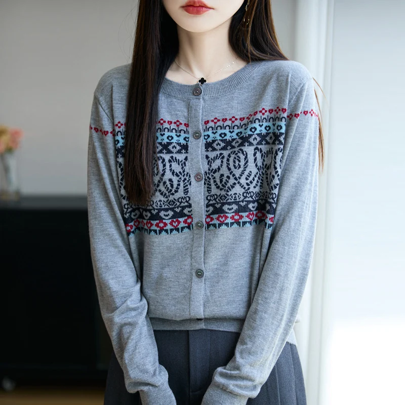 Damen Leichter Feinstrick-Cardigan mit nordischem Jacquardmuster und feiner Knopfleiste Nord Taschen